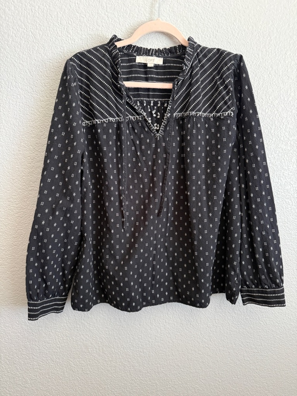 LOFT Black Printed V-Neck Peasant Top